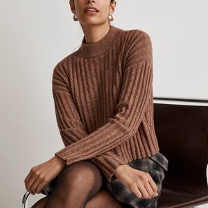 Madewell Mockneck Crop Wool Blend Ribbed Sweater in Rosehip Brown XXS